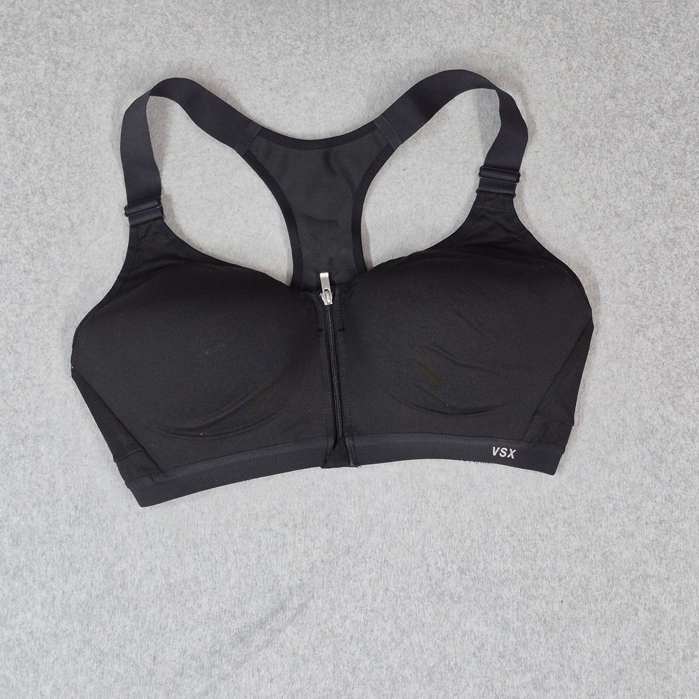 Victoria Secret Women Sports Bra 38D Black VSX Wireless Racerback Front Zip